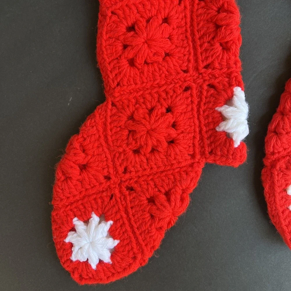VTG Crochet Christmas Stockings Pair Red White Granny Squares Handmade 21